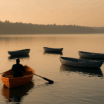 A serene lake with five empty rowboats floating close together; one boat is positioned slightly ahead of the others, symbolizing leadership and guidance. The water is calm, reflecting the boats and the soft light of the sky.