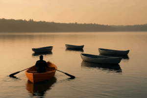 A serene lake with five empty rowboats floating close together; one boat is positioned slightly ahead of the others, symbolizing leadership and guidance. The water is calm, reflecting the boats and the soft light of the sky.
