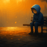 A digital painting of a person in a blue hoodie sitting alone on a park bench at sunset, surrounded by autumn trees and falling leaves, expressing solitude and reflection.
