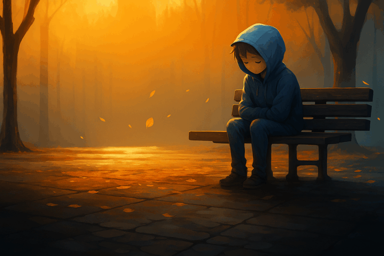 A digital painting of a person in a blue hoodie sitting alone on a park bench at sunset, surrounded by autumn trees and falling leaves, expressing solitude and reflection.