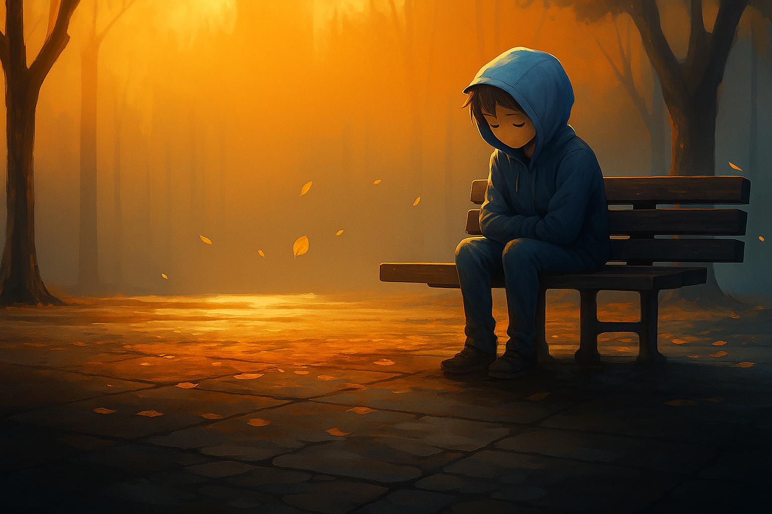 A digital painting of a person in a blue hoodie sitting alone on a park bench at sunset, surrounded by autumn trees and falling leaves, expressing solitude and reflection.